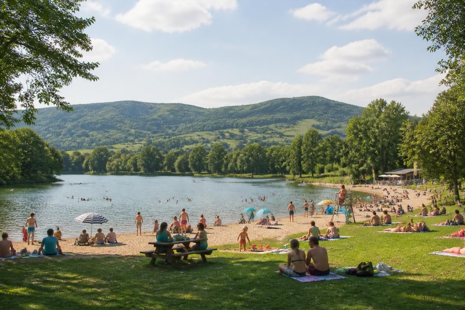 découvrez le lac des vernets à saint-barthélemy-de-vals, la destination préférée pour une baignade rafraîchissante au cœur des collines pittoresques.