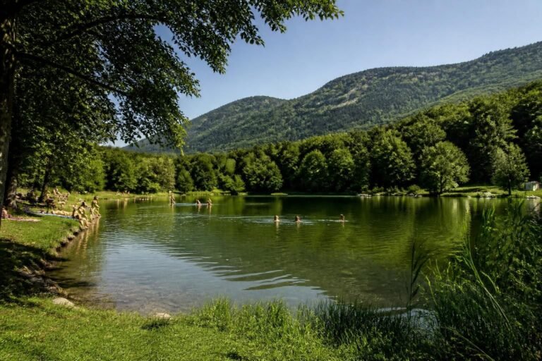 découvrez l'étang de champos à saint-donat, un lieu idéal pour la baignade et la détente entouré des magnifiques collines. profitez d'un cadre naturel paisible pour vos moments de loisirs en pleine nature.