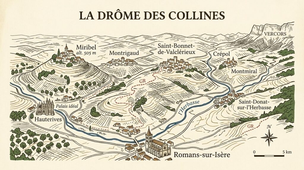 Carte illustrée pour situer Miribel dans la Drôme des collines