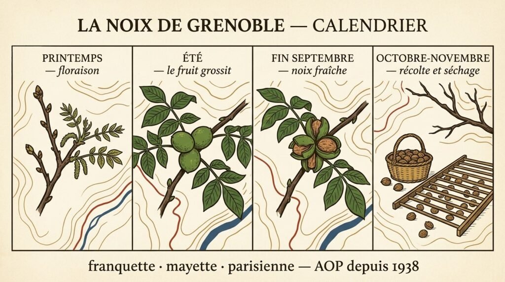 Infographie du calendrier de la noix de Grenoble, de la floraison à la récolte