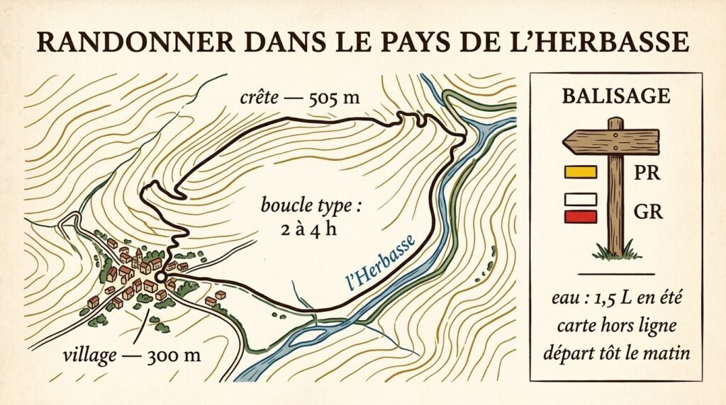 Infographie d'une boucle de randonnée type et du balisage PR et GR