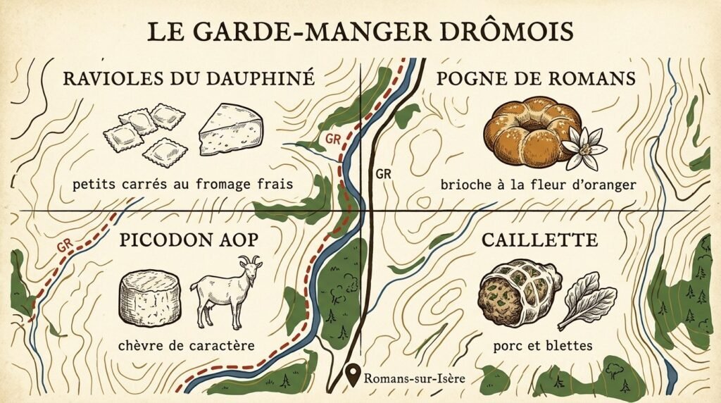 Infographie des quatre spécialités drômoises : ravioles, pogne, picodon, caillette